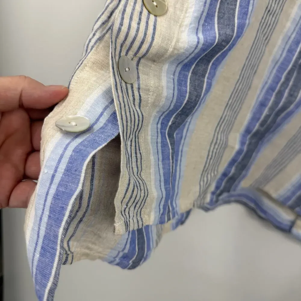 Habitat Clothes Linen Button Up Tunic Medium Blue Striped High Low Lagenlook